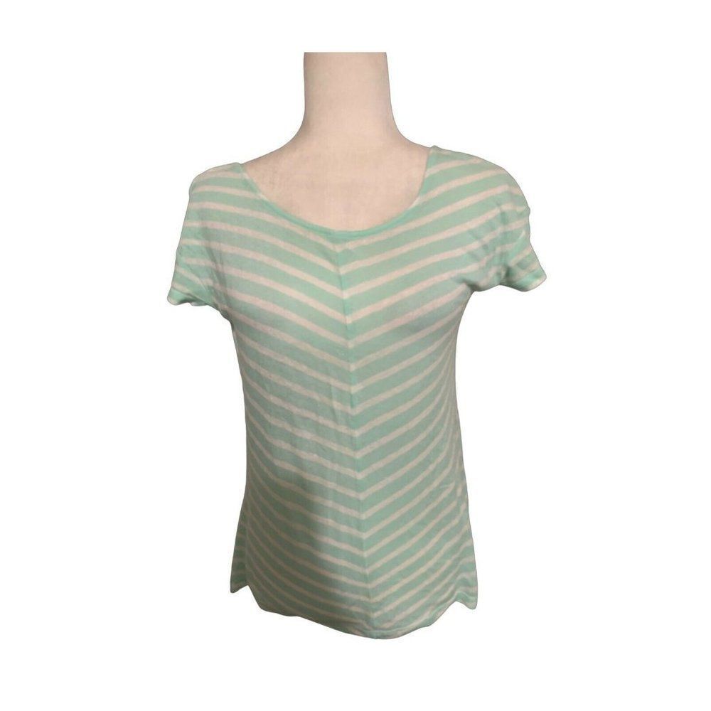 comptoir des cotonniers womens green white striped short sleeve top medium